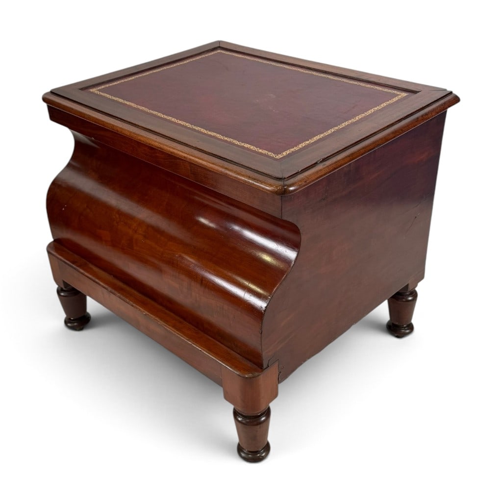 American Classical Mahogany Bedstep Commode: Origin: Probably AmericanDate: Circa 1835-1845Period/Style: American Late ClassicalMaterials: Mahogany, figured mahogany veneer, unidentified secondary woods, leather, brass hardware, and glazed