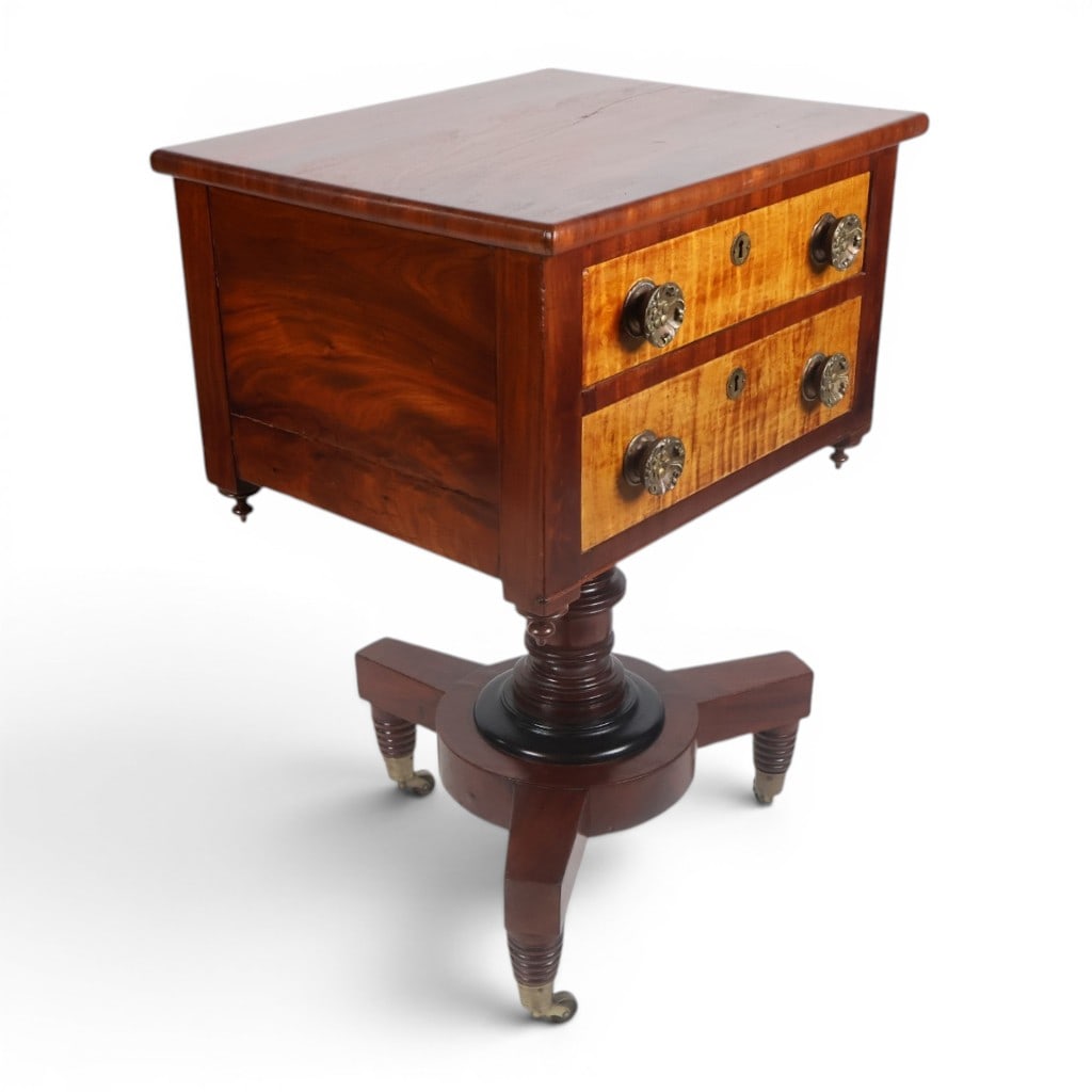 American Classical Mixed-Wood Work Table: Origin: Probably New EnglandDate: Circa 1820-1835Period/Style: American ClassicalMaterials: Mahogany, figured maple veneer, ebonized wood, unidentified secondary wood, and brassForm: Two-drawer pedest