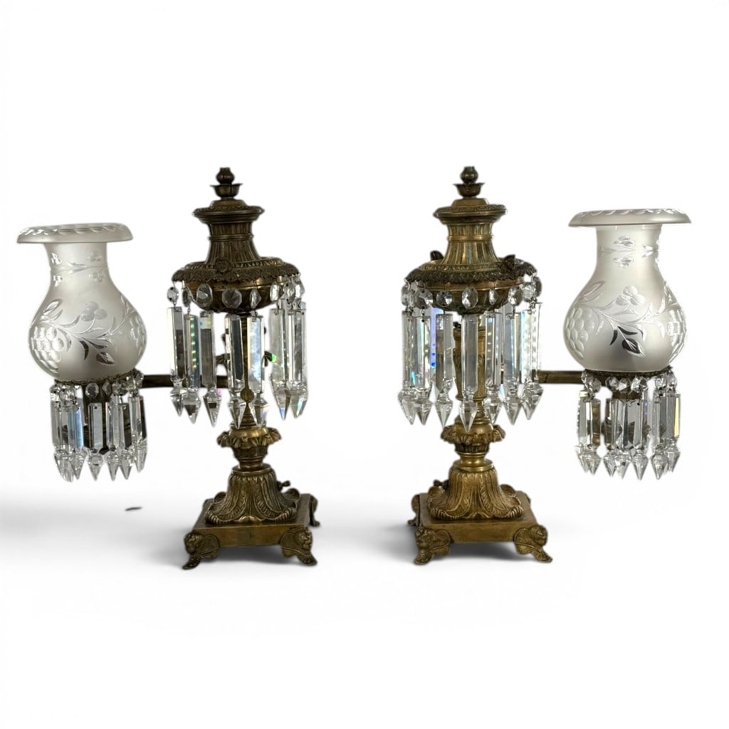 Pair Clark Coit & Cargill Argand Lamps: Maker/Retailer: Clark, Coit & CargillOrigin: New York, New YorkDate: Circa 1840-1845Period/Style: Late American Classical Materials: Gilt brass and bronze, frosted and engraved glass, cut-glass prisms