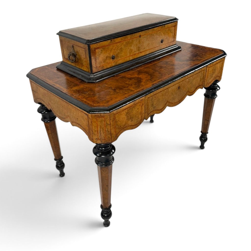 Swiss Cylinder Music Box on Stand: Origin: SwitzerlandDate: Circa 1875-1890Period/Style: Late VictorianMaterials: Burl walnut and figured wood veneers, contrasting line inlay, ebonized wood, brass, steel, glass, paper, and six intercha