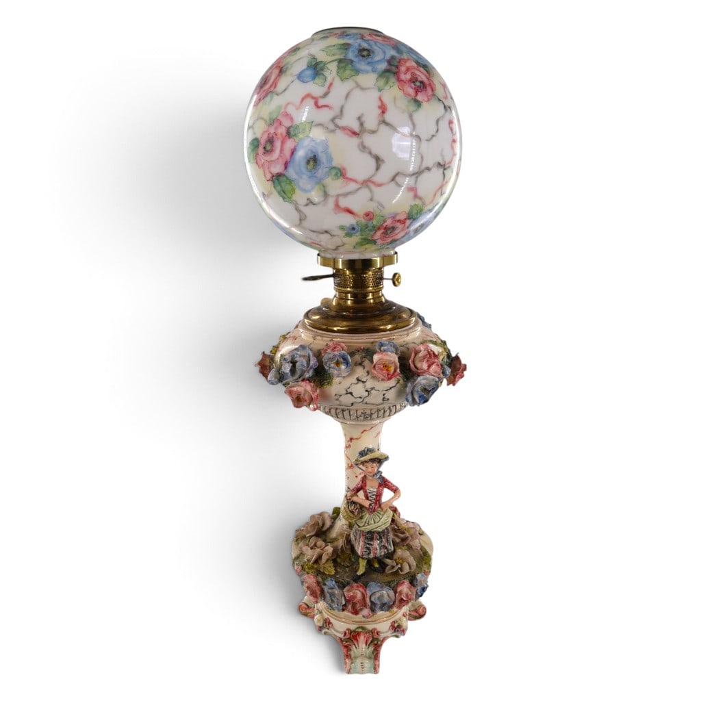 Large Porcelain Figural Floral Parlor Lamp: Maker: Unidentified Continental porcelain manufacture; burner marked Made in AmericaOrigin: Probably Germany; assembled or fitted in the United StatesDate: Late 19th to early 20th centuryPeriod/Style: