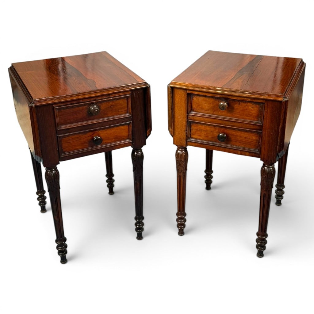 Pair Regency Rosewood Work Tables: Origin: EnglandDate: Circa 1825-1835Period/Style: Late Regency to William IVMaterials: Rosewood veneer, carved rosewood, unidentified secondary woods, paper lining, and metal and wood hardwareForm: Du