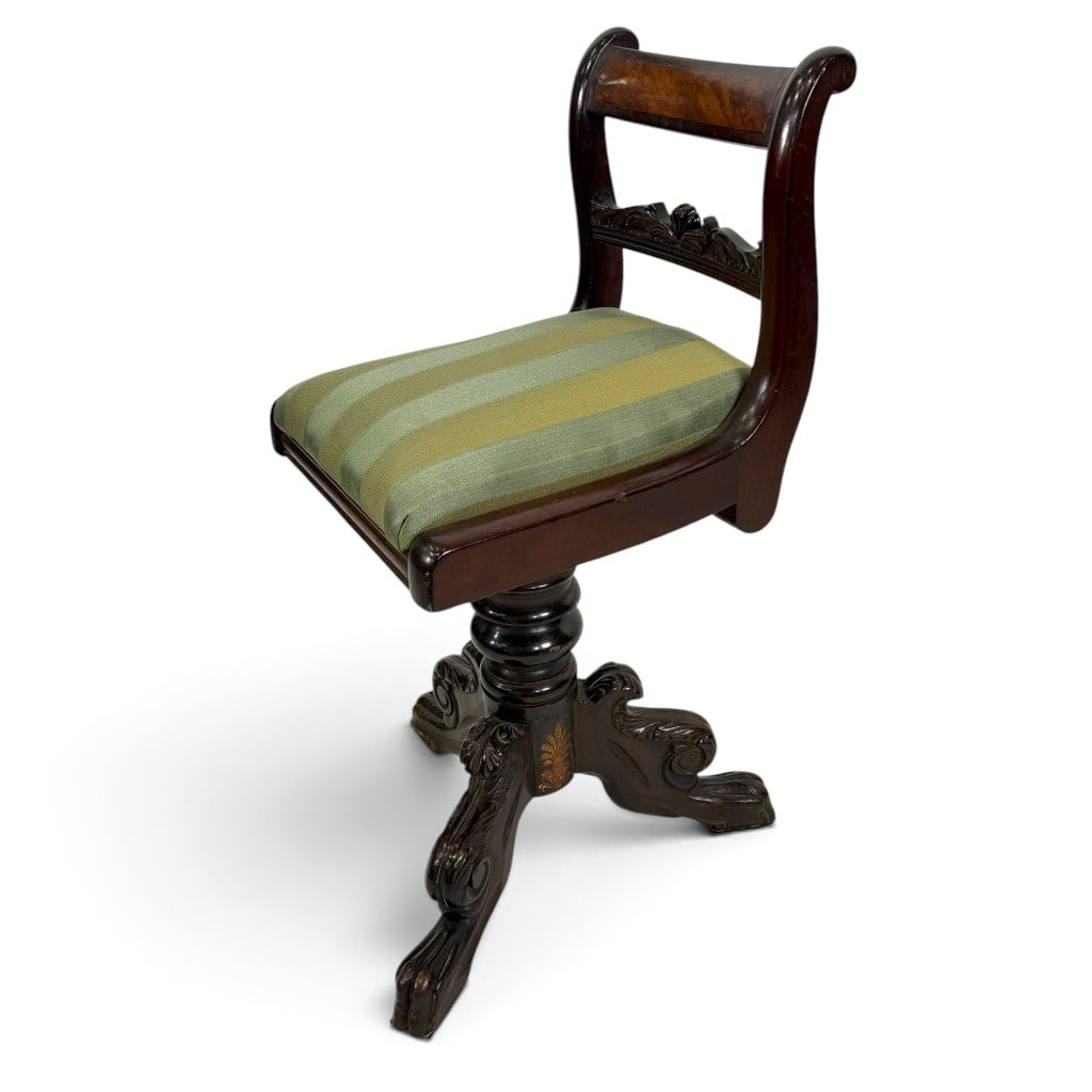 NY Classical Stenciled Piano Stool: Origin: New York, New YorkDate: Circa 1825-1830Period/Style: American ClassicalMaterials: Mahogany, figured mahogany veneer, unidentified secondary woods, gilt stencil decoration, and later striped up