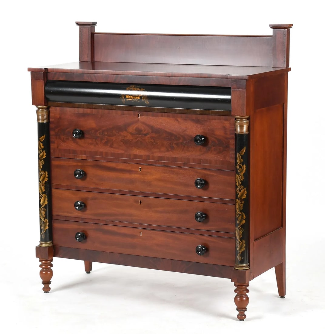New York Classical Rosewood Bureau: Origin: Probably New YorkDate: Circa 1825-1840Period/Style: American ClassicalMaterials: Rosewood and rosewood veneer, ebonized and gilt-stenciled wood, gilt-metal mounts, black-painted wood pulls,
