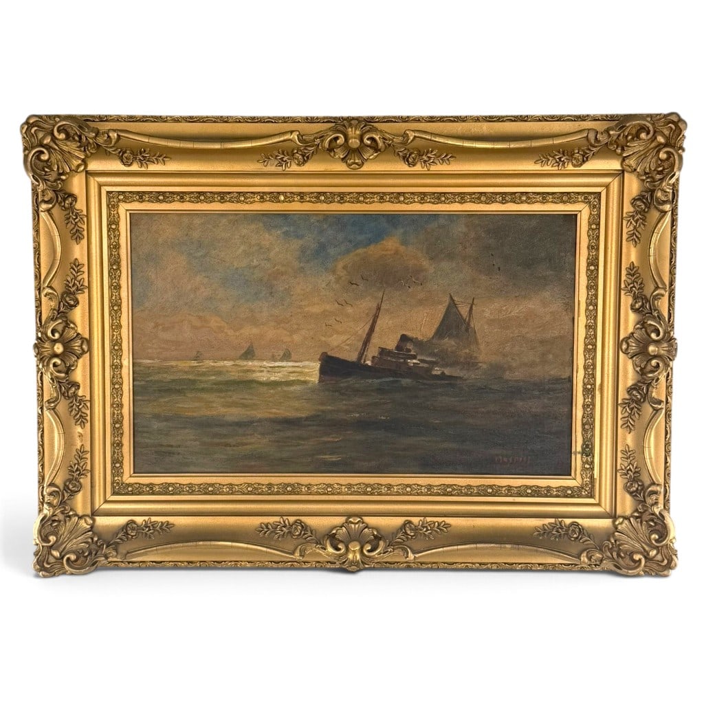 Oil on Canvas, Max Hoel Coastal Steamship Seascape: Artist: Max Hoel Date: Late 19th centuryMedium: Oil on canvasDescription: A maritime oil painting by Max Hoel depicting a single-funnel coastal steamship or steam-powered working vessel underway
