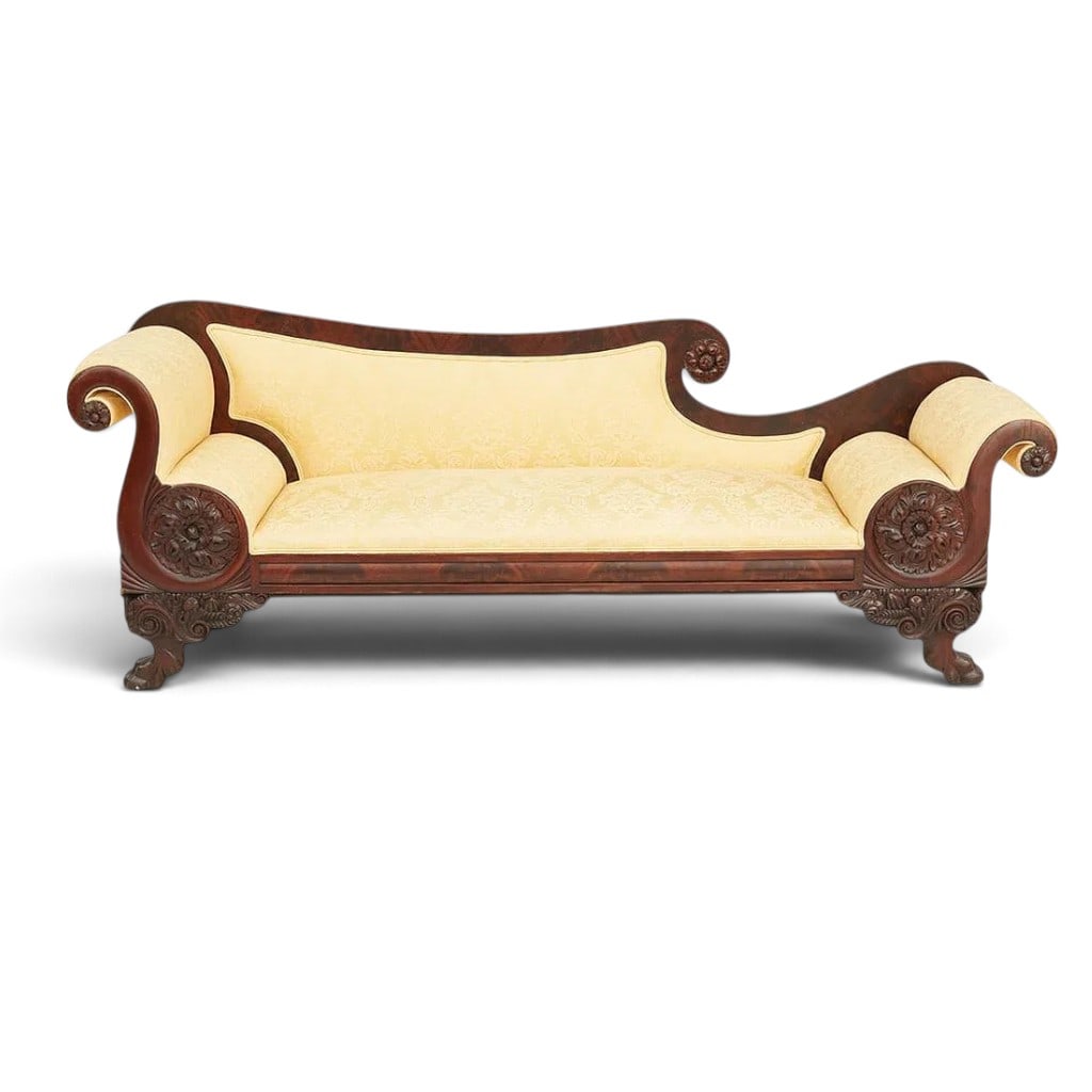 Philadelphia Classical Mahogany Recamier: Origin: Philadelphia, PennsylvaniaDate: Circa 1825-1840Period/Style: American ClassicalMaterials: Mahogany and figured mahogany veneer with later damask upholsteryForm: Double-ended recamier