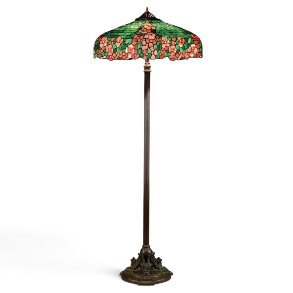 Rare Handel Hollyhock Leaded Floor Lamp: Maker: Handel CompanyOrigin: Meriden, ConnecticutDate: Circa 1910-1920Period/Style: American Arts and Crafts with Art Nouveau floral designMaterials: Leaded opalescent glass, copper and solder shade c