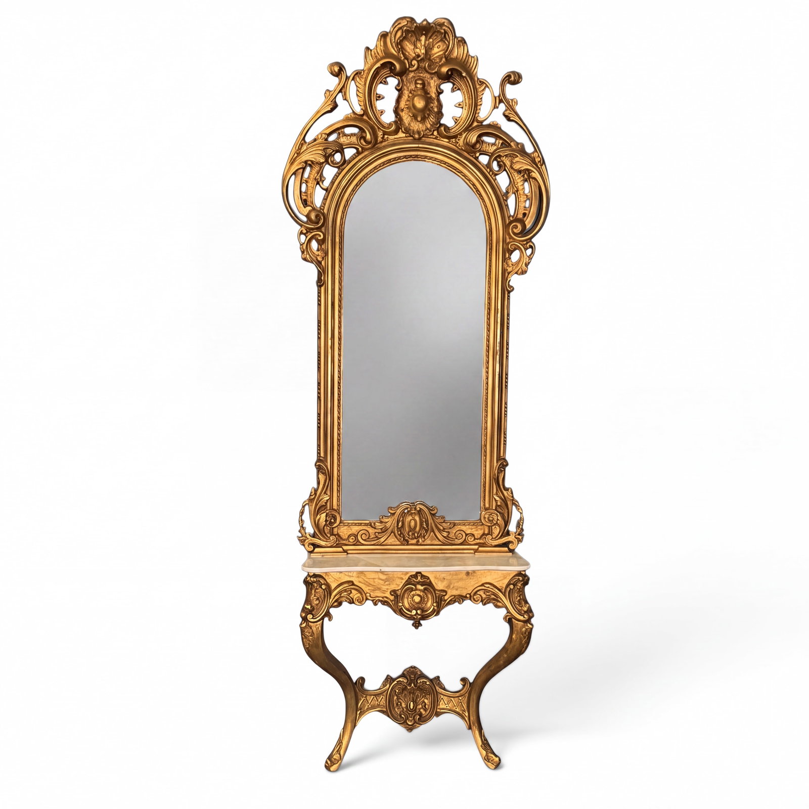 American Rococo Gilt Pier Mirror and Stand: Origin: AmericanDate: Circa 1860-1870Period/Style: American Rococo RevivalMaterials: Carved wood with gesso and molded composition ornament, early gold-leaf gilding, white marble, mirror glass, and pi