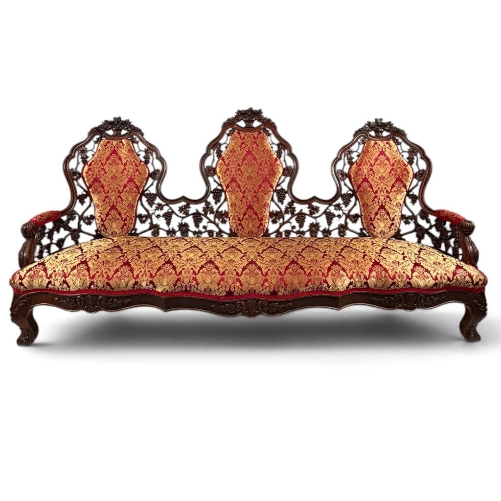 Attributed Belter Custom Pattern Sofa: Maker: Attributed to John Henry BelterOrigin: New York, New YorkDate: Circa 1850-1860Period/Style: American Rococo RevivalMaterials: Laminated rosewood, carved rosewood, and later woven damask upholst