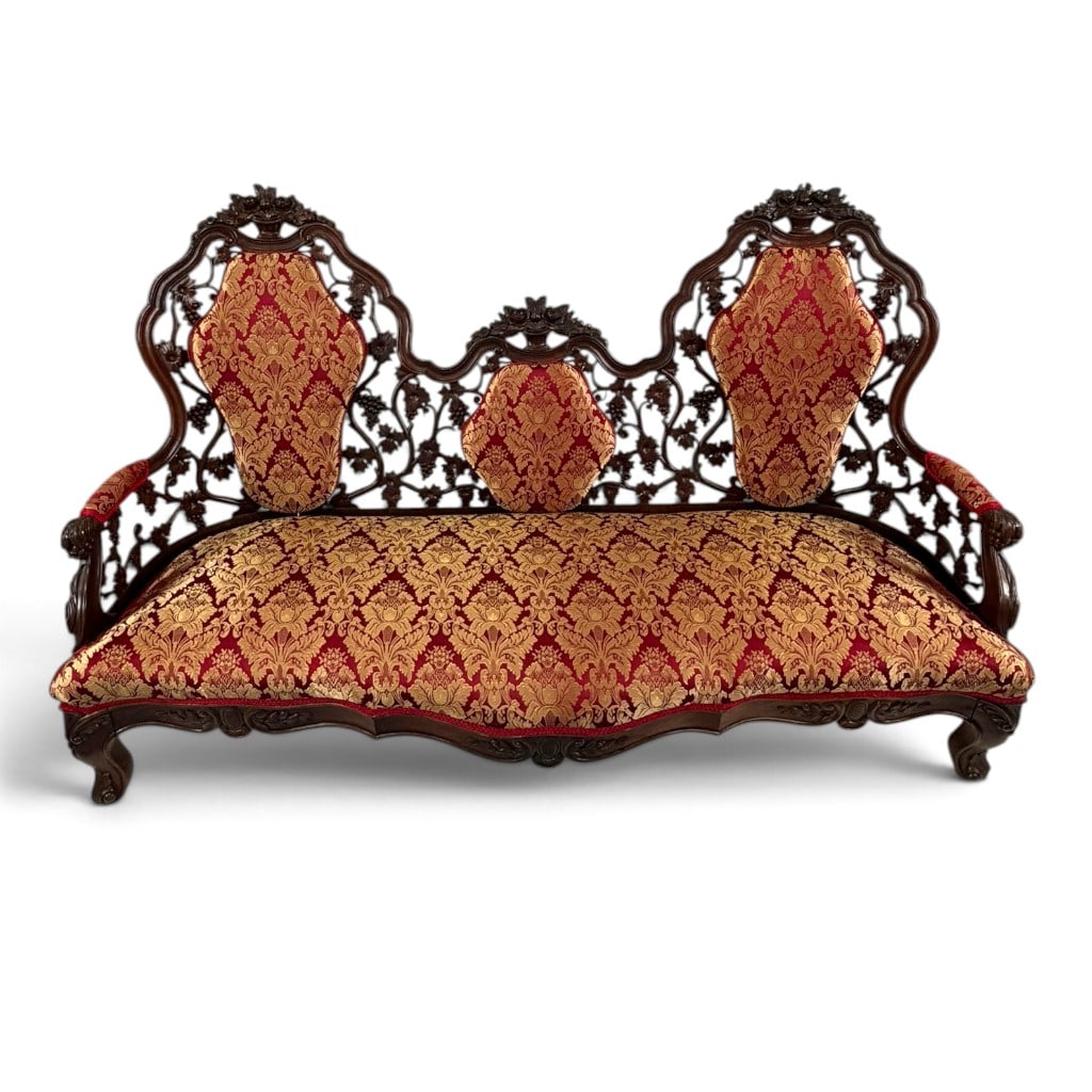 Attributed Belter Custom Pattern Settee: Maker: Attributed to John Henry BelterOrigin: New York, New YorkDate: Circa 1850-1860Period/Style: American Rococo RevivalMaterials: Laminated rosewood, carved rosewood, and later woven damask upholst