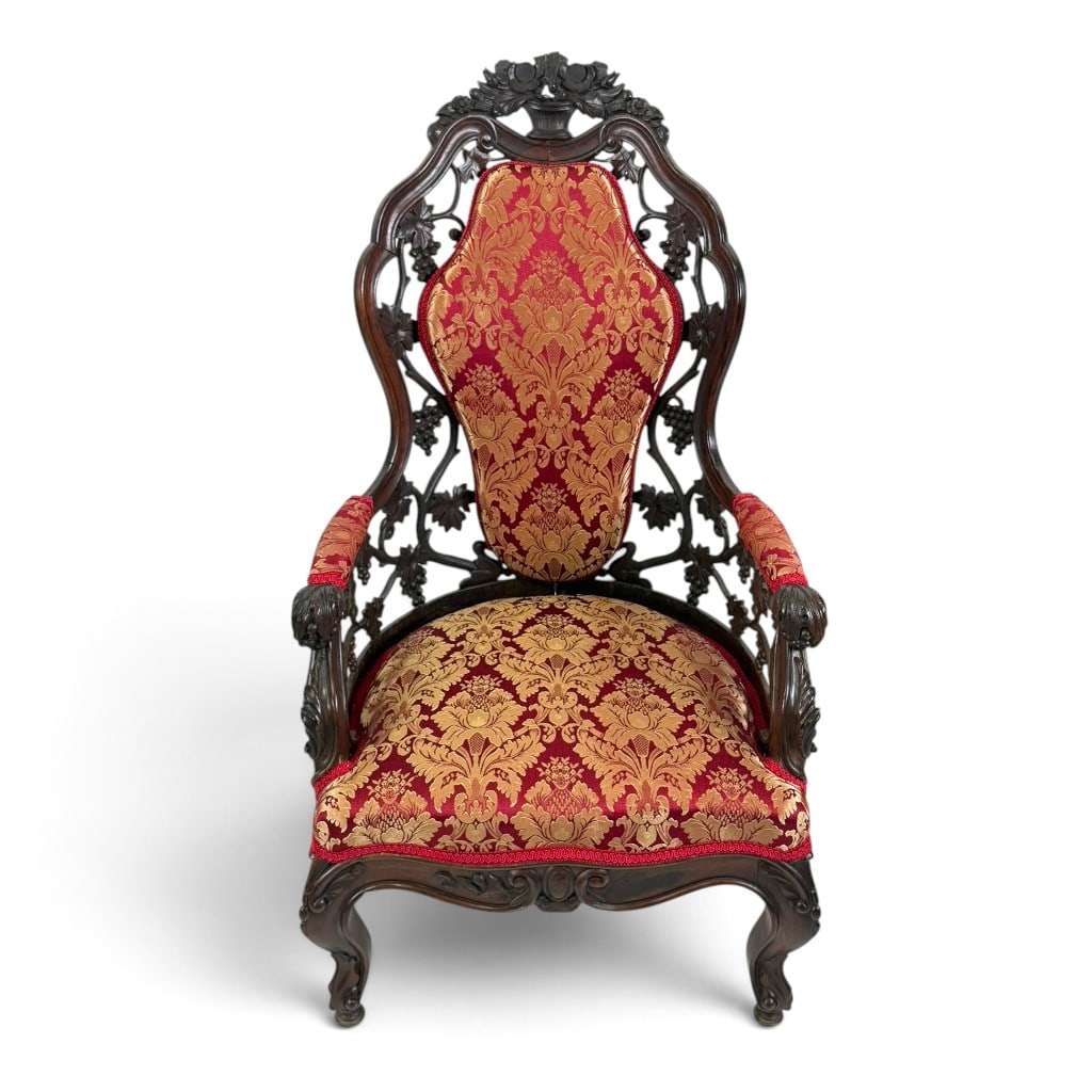 Attributed Belter Custom Pattern Armchair: Maker: Attributed to John Henry BelterOrigin: New York, New YorkDate: Circa 1850-1860Period/Style: American Rococo RevivalMaterials: Laminated rosewood, carved rosewood, and later woven damask upholst