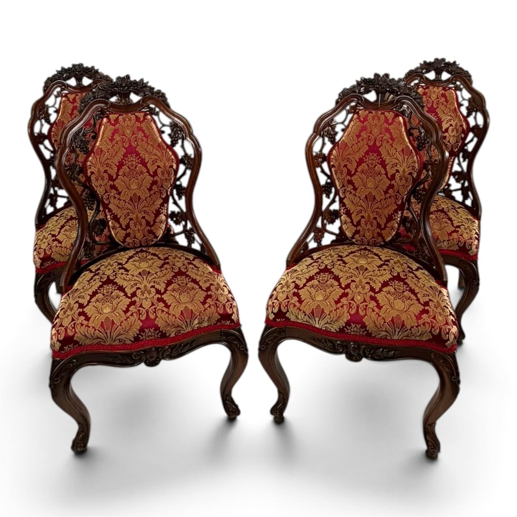 Four Attributed Belter Custom Chairs: Maker: Attributed to John Henry BelterOrigin: New York, New YorkDate: Circa 1850-1860Period/Style: American Rococo RevivalMaterials: Laminated rosewood, carved rosewood, and later woven damask upholst