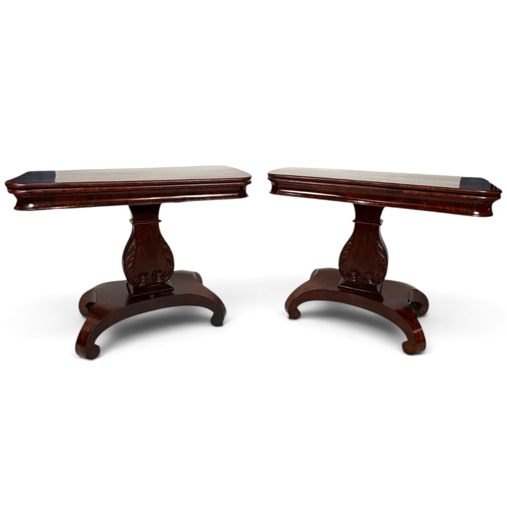 Pair Classical Mahogany Lyre Card Tables: Origin: American, probably MassachusettsDate: Circa 1825-1840Period/Style: American ClassicalMaterials: Mahogany, figured mahogany veneer, probable white pine secondary wood, iron hardware, and metal 