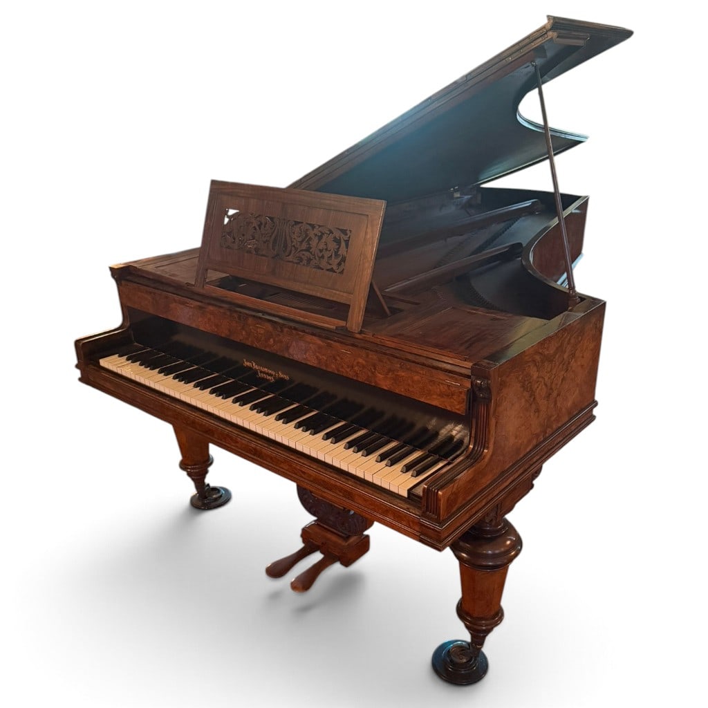 Broadwood Burr Walnut Boudoir Grand Piano: Maker: John Broadwood & SonsOrigin: London, EnglandDate: 1885Period/Style: English Late VictorianMaterials: Walnut and burr walnut veneer, ebonized wood, spruce, brass and other metals, and white and 
