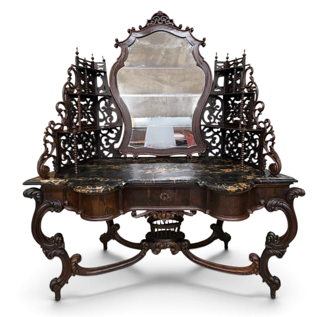 Meeks Attrib. Rosewood Duchesse Table: Maker: Attributed to J. and J. W. MeeksOrigin: New York CityDate: Circa 1850-1860Period/Style: American Rococo Revival with Gothic Revival detailMaterials: Rosewood and rosewood veneer, figured maple