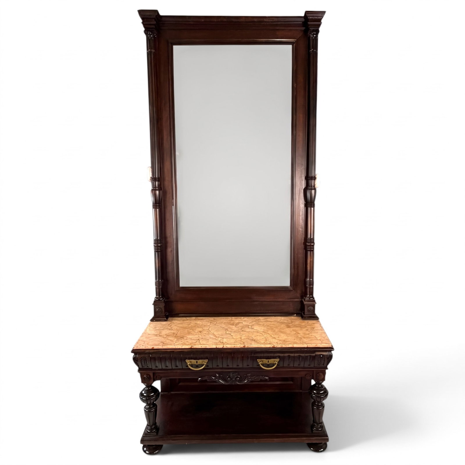 Monumental Walnut Pier Mirror and Console: Date: Circa 1870-1890Period/Style: Victorian, Renaissance RevivalMaterials: Walnut and walnut veneer, oak and mixed secondary woods, variegated marble, mirror glass, and brass hardwareForm: Two-piece 
