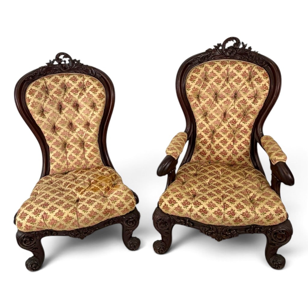 American Rococo Rosewood Parlor Chairs: Origin: AmericanDate: Circa 1855-1870Period/Style: American Rococo RevivalMaterials: Carved rosewood, secondary woods, and later upholsteryForm: Armchair and side chairDescription: Two companion Ameri