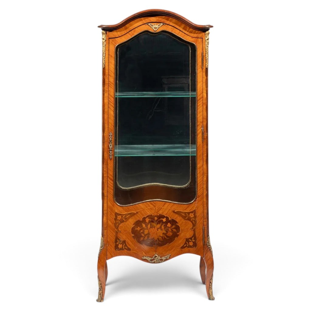 French Louis XV Marquetry Vitrine: Origin: FranceDate: Circa 1880Period/Style: Belle Epoque, Louis XV RevivalMaterials: Mixed exotic and fruitwood veneers, floral marquetry, gilt-metal mounts, glass, fabric lining, and secondary