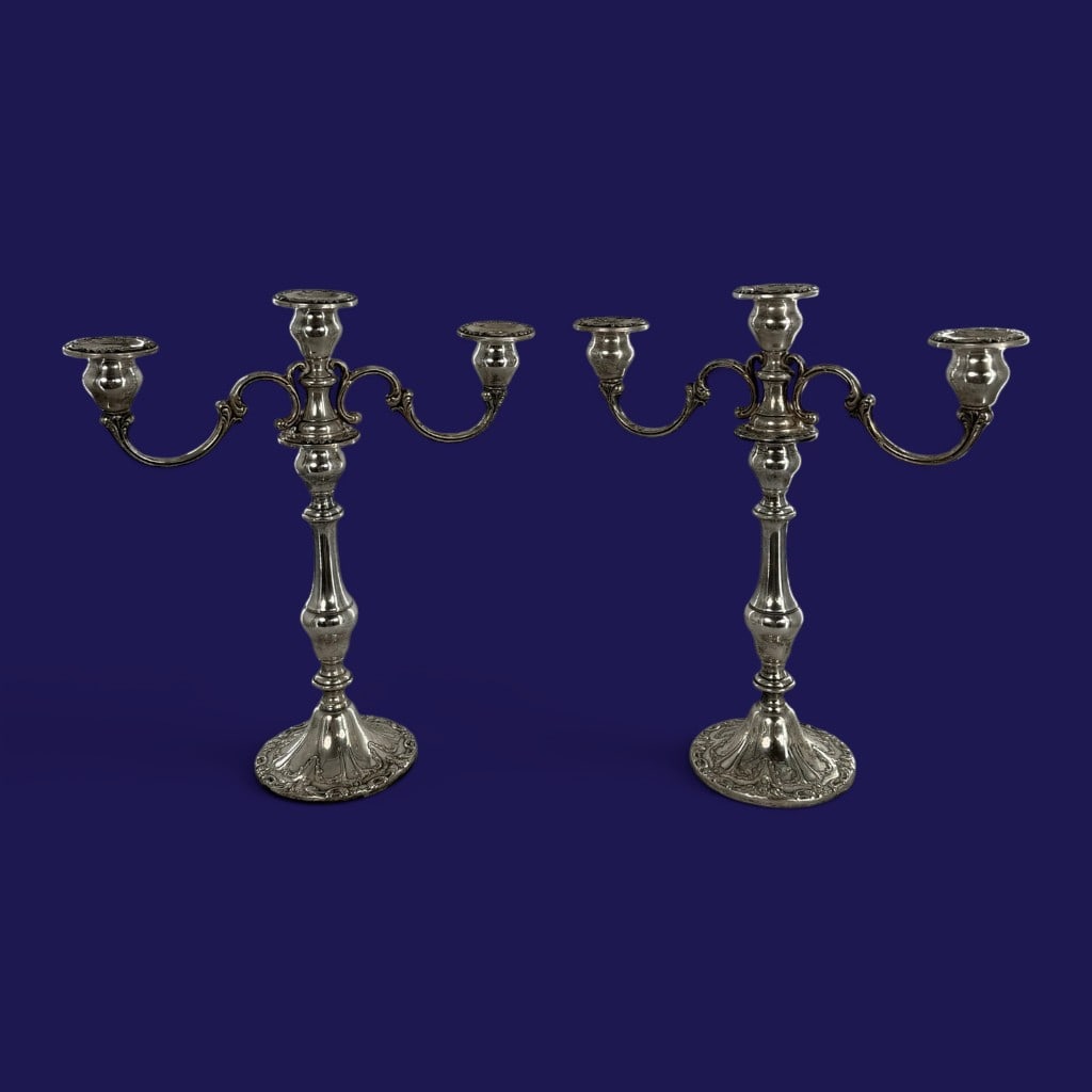 Pair Gorham Chantilly Sterling Candelabra: Maker: Gorham Manufacturing CompanyOrigin: Providence, Rhode IslandDate: Mid-20th centuryPattern: Chantilly Duchess, no. 750Materials: Weighted and reinforced sterling silverForm: Convertible