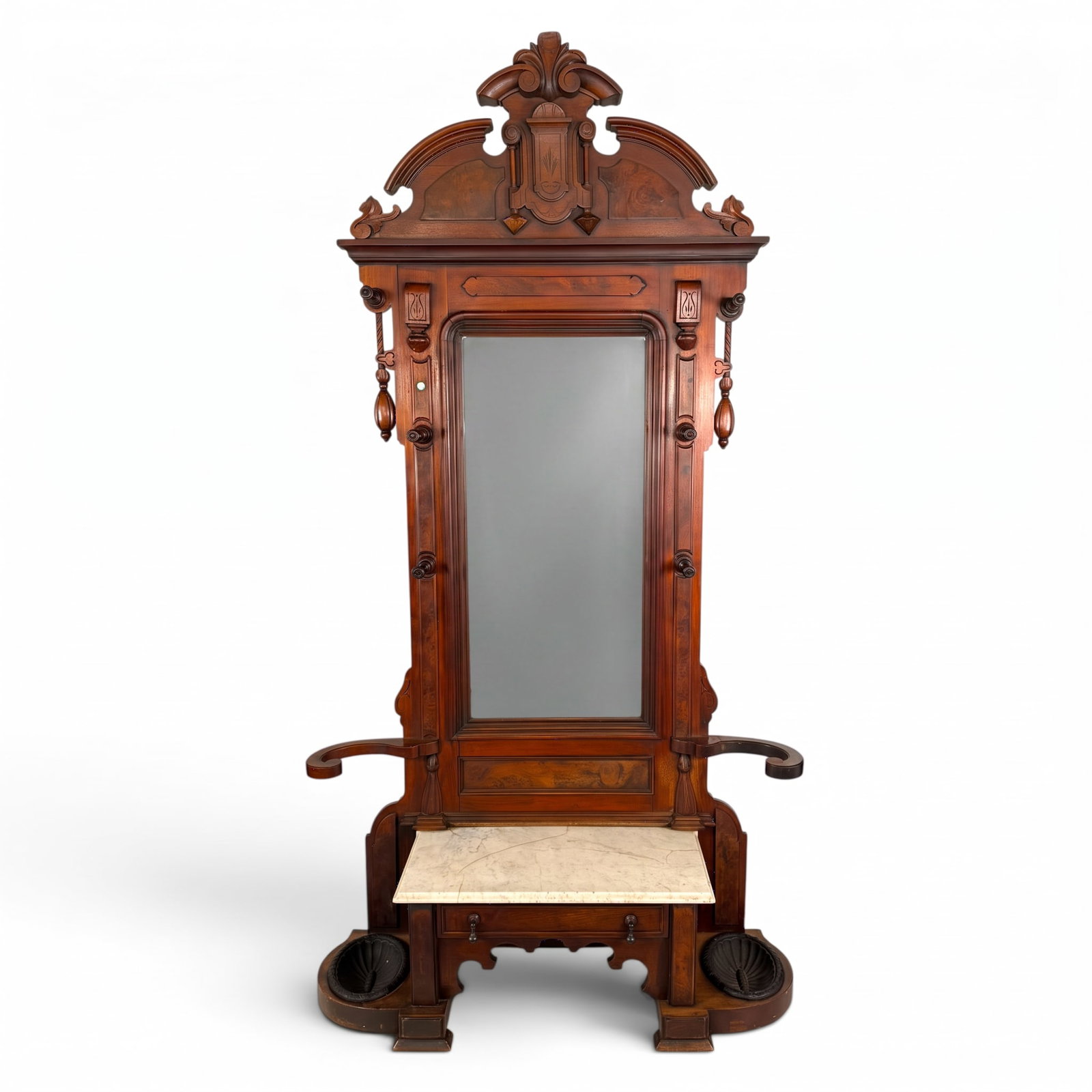 Walnut Renaissance Revival Hall Tree: Origin: AmericanDate: Circa 1875-1885Period/Style: American Renaissance Revival with Eastlake influenceMaterials: Walnut, burl-walnut veneer, white marble, mirror glass, and cast ironForm: Hall tree