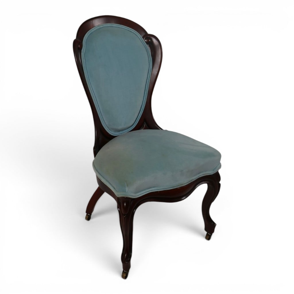 Attr. Belter Laminated Dish-Back Chair: Maker: Attributed to John Henry Belter (1804-1863) or J.H. Belter & Co.Origin: New York, New YorkDate: Circa 1858-1865Period/Style: American Rococo RevivalMaterials: Laminated rosewood, later velvet u