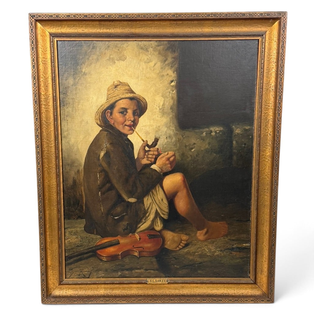 J.L. Ronay Young Violinist Painting: Artist: J. L. Ronay (Hungarian, active 19th century)Date: Late 19th centuryMedium: Oil on canvas, apparently laid to boardDescription: J. L. Ronay, Hungarian, 19th century, genre painting of a