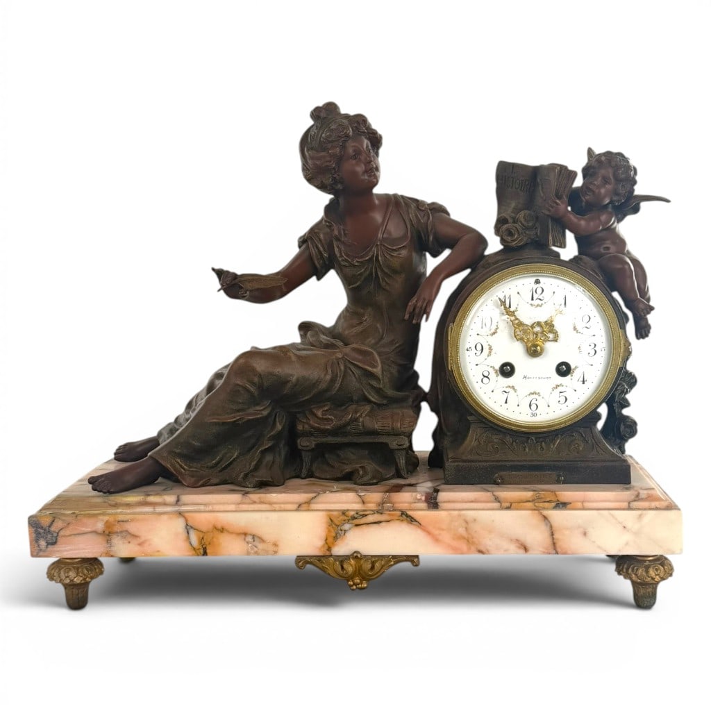 French Figural Spelter Mantel Clock: Origin: FranceDate: Circa 1890-1910Period/Style: Belle EpoqueMaterials: Patinated and polychromed spelter, brass, enamel, glass, and brecciated pink marbleDescription: French Belle Epoque figural
