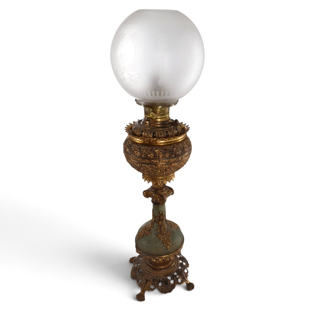 Victorian Parlor Oil Lamp with ABCO Rochester Burner: Maker: Burner marked ABCO RochesterOrigin: United StatesDate: Late 19th century, circa 1885-1900Period/Style: American Victorian / Renaissance RevivalMaterials: Brass, cast and pressed metal,