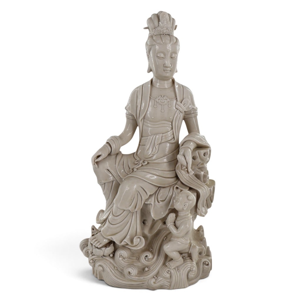 Dehua Blanc-de-Chine Guanyin with Attendants: Maker: Unidentified Dehua workshop; bearing Xu Yunlin-type sealsOrigin: Dehua, Fujian Province, ChinaDate: Late Qing dynasty to Republic period, circa 1900-1940Period/Style: Chinese Dehua