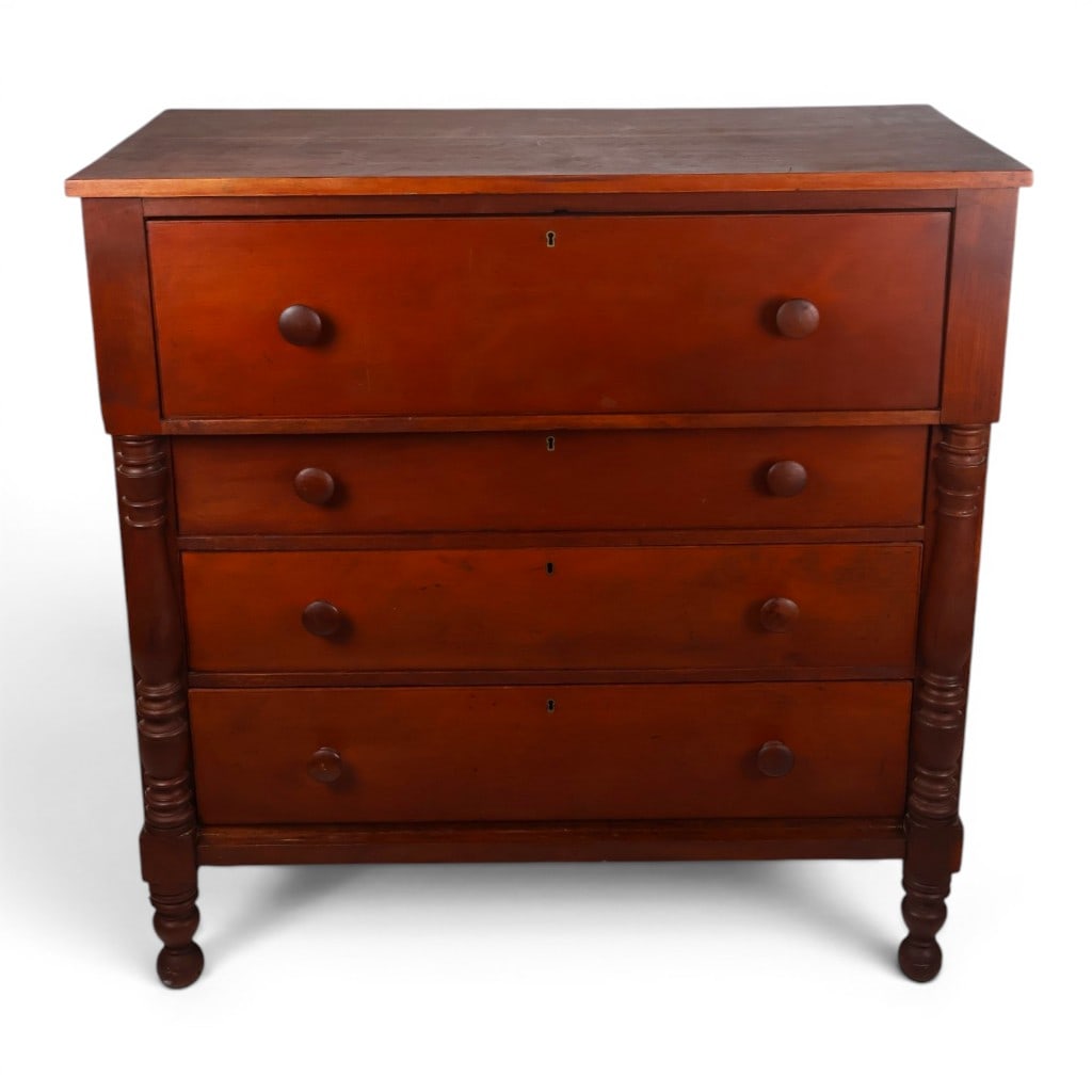 Kentucky Cherry Bonnet Chest of Drawers: Origin: Probably KentuckyDate: Circa 1830-1845Period/Style: American EmpireMaterials: Cherry with pine secondary woodsForm: Bonnet chest of drawersDescription: American Empire cherry bonnet chest of d