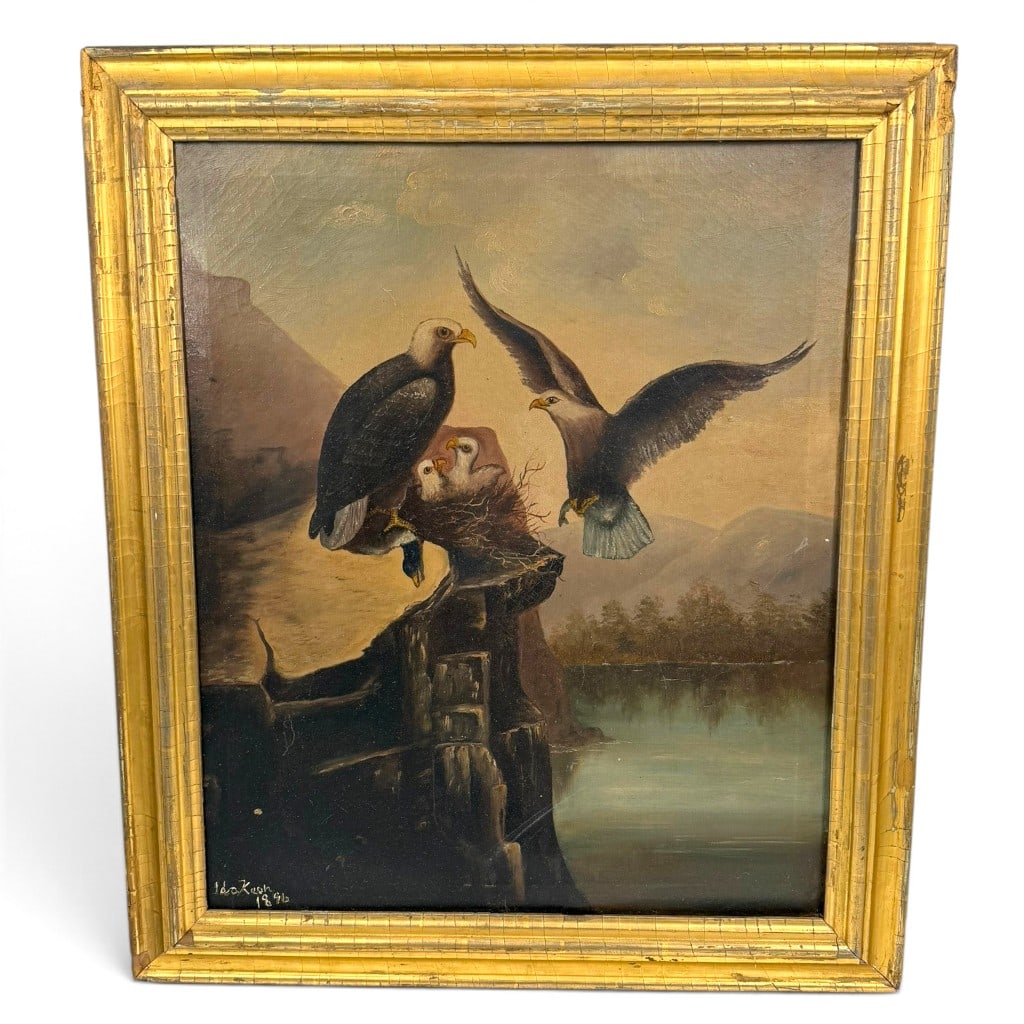Ida Koch Bald Eagle Family Oil on Canvas: Artist: Ida Koch, active late 19th centuryDate: 1896Medium: Oil on canvasDescription: Ida Koch, active late 19th century. Oil on canvas wildlife painting depicting a family of bald eagles at a