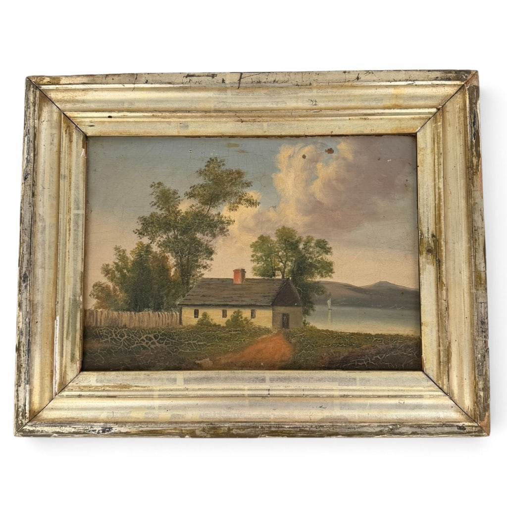 19th C. American Folk Lake Landscape, Oil on Canvas: Origin: American SchoolDate: Late 19th centuryPeriod/Style: American Folk ArtMedium: Oil on canvasDescription: American School, late 19th century. Folk-art oil on canvas depicting a lakeside homestead