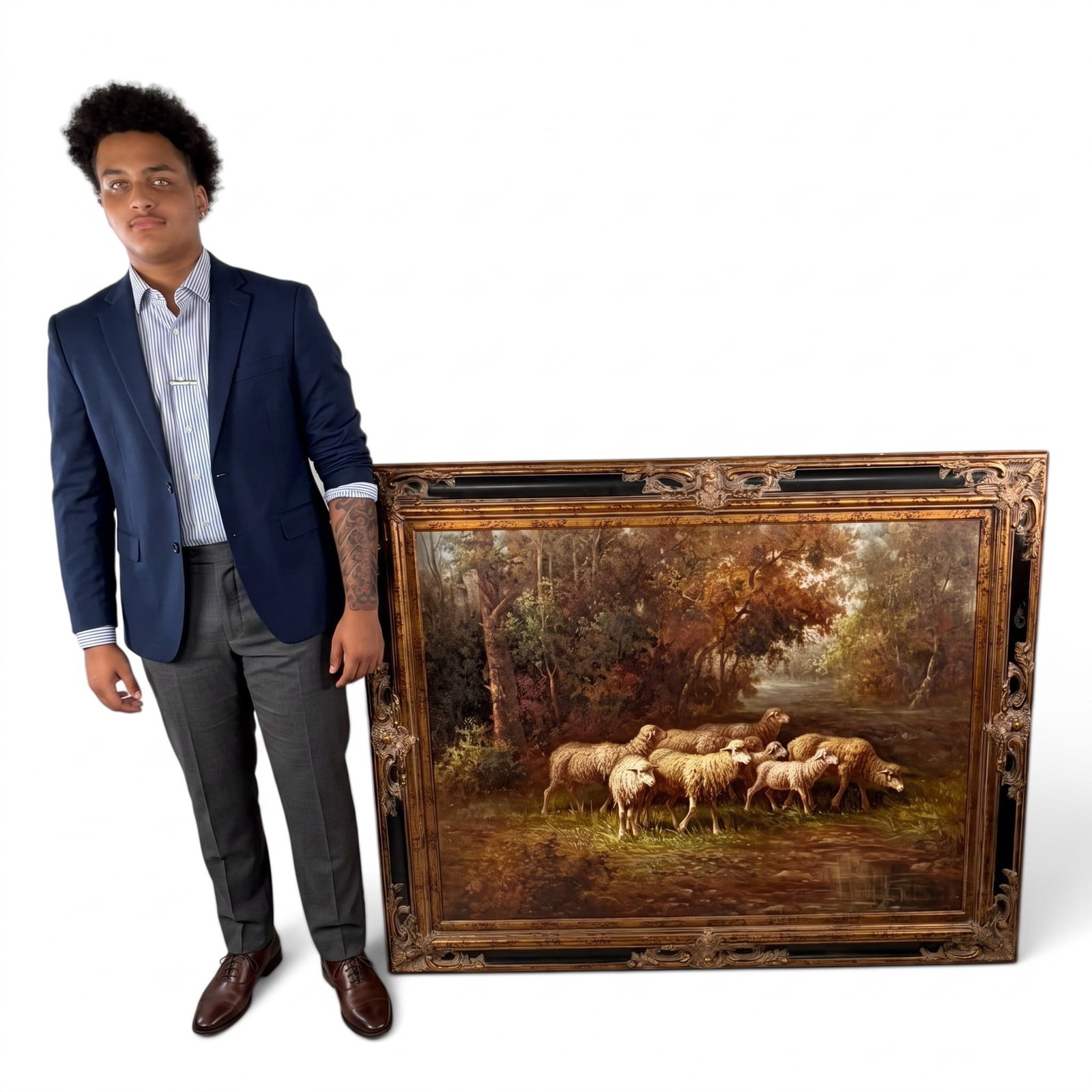 R. Giglio Large Woodland Sheep Painting: Artist: Signed R. Giglio, identity unconfirmedDate: Late 20th centuryMedium: Oil on canvasDescription: Large late-20th-century oil on canvas depicting a flock of sheep and lambs gathered beside a