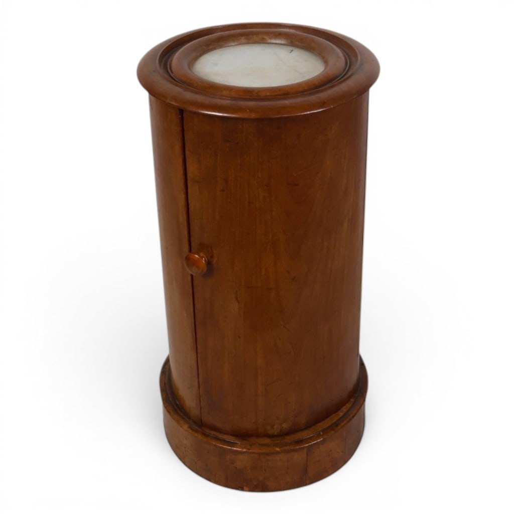 American Classical Mahogany Commode: Origin: AmericanDate: Circa 1840-1860Period/Style: American ClassicalMaterials: Mahogany and mahogany veneer, secondary woods, and white marbleForm: Bedside or pot commodeDescription: American