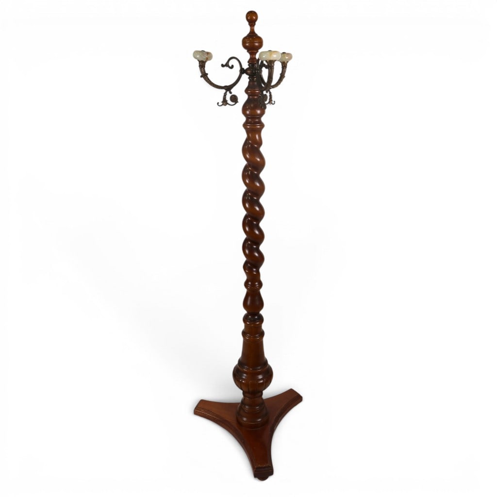 Victorian Walnut and Brass Hall Tree: Origin: Continental, probably FrenchDate: Circa 1870-1890Period/Style: VictorianMaterials: Walnut, patinated cast brass, and alabaster or onyxForm: Freestanding coat and hat standDescription: Continen