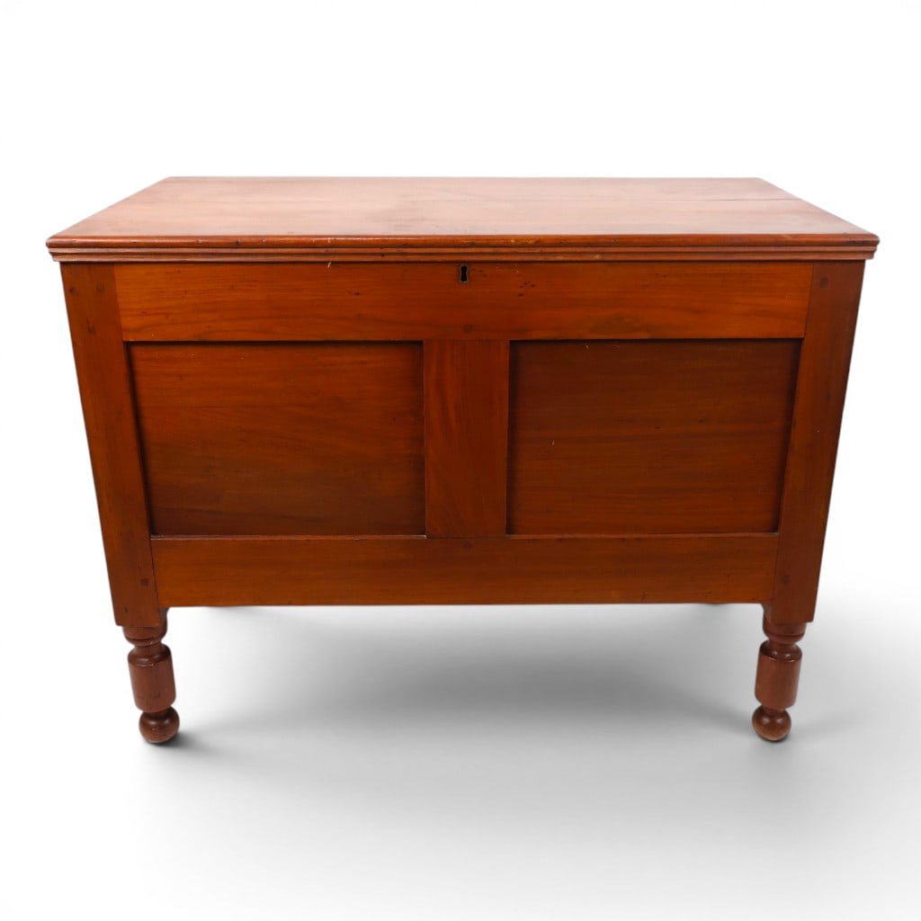 Kentucky Sheraton Walnut Sugar Chest: Origin: Probably KentuckyDate: Circa 1830-1850Period/Style: Southern SheratonMaterials: Walnut, secondary woods, and metal hardwareForm: Drawerless sugar chestDescription: Southern Sheraton walnut sug