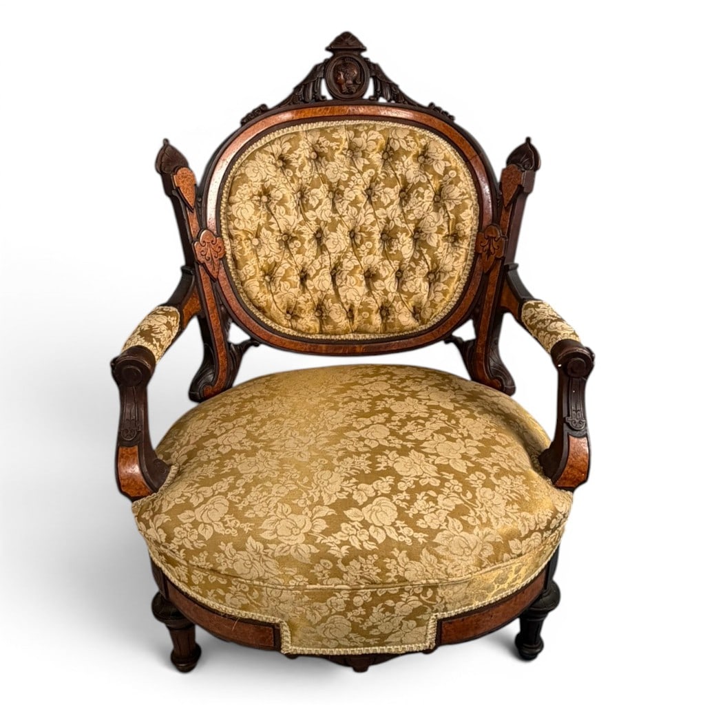 Attr. John Jelliff Pair Armchairs: Maker: Attributed to John Jelliff and Company (1813-1893)Origin: Newark, New JerseyDate: Circa 1870Period/Style: American Renaissance RevivalMaterials: Carved walnut, burl-walnut veneers, contrasting