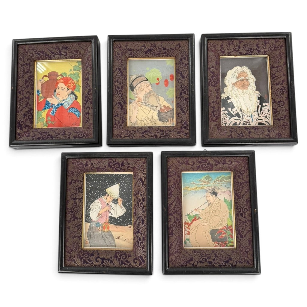 Paul Jacoulet Surimono Woodblocks, 5: Artist: Paul Jacoulet (French/Japanese, 1896-1960)Origin: JapanDate: Mid-20th century, circa 1940-1960Medium: Color woodblock prints on paperDescription: Group of five miniature Japanese color