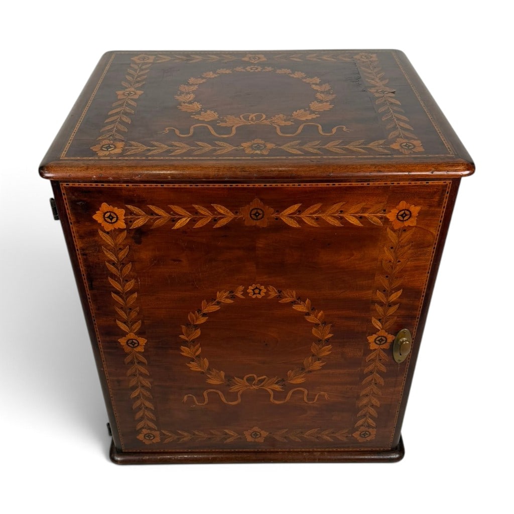 Italian Inlaid Walnut Pedestal Cabinet: Origin: Probably North Italy, possibly Lombardy Date: Circa 1800-1830 Period/Style: Neoclassical Materials: Walnut and walnut veneer, fruitwood and ebonized inlay, pine and mixed secondary woods, bras