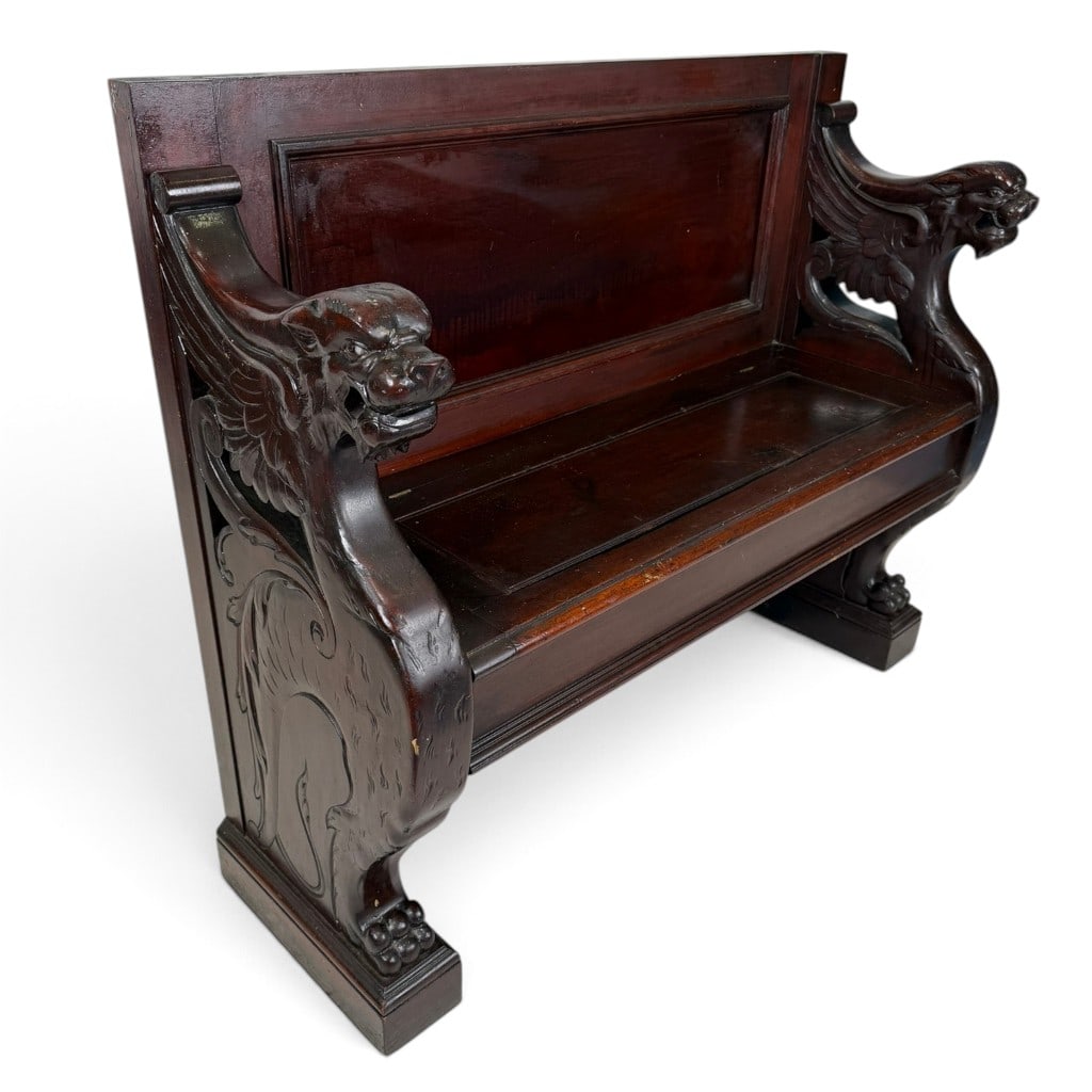 American Renaissance Revival Carved Mahogany Winged Lion Hall Bench (1 of 7)