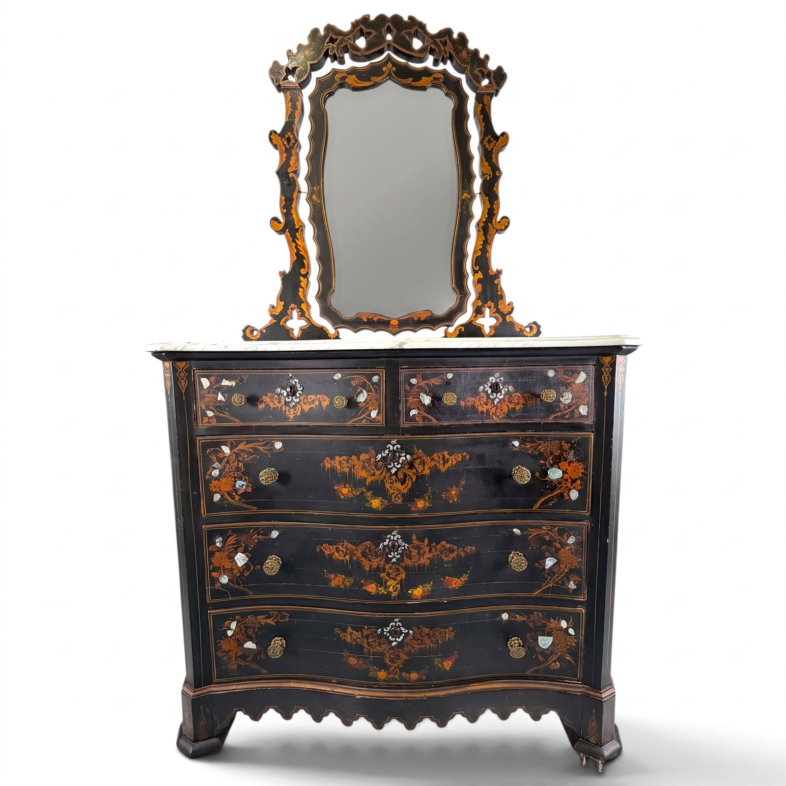 Victorian Ebonized Shell Inlaid Dresser: Origin: American Date: Circa 1870-1880 Period/Style: Late Victorian, Rococo Revival with early Aesthetic Movement influence Materials: Ebonized hardwood, mother-of-pearl and possibly abalone shell inl