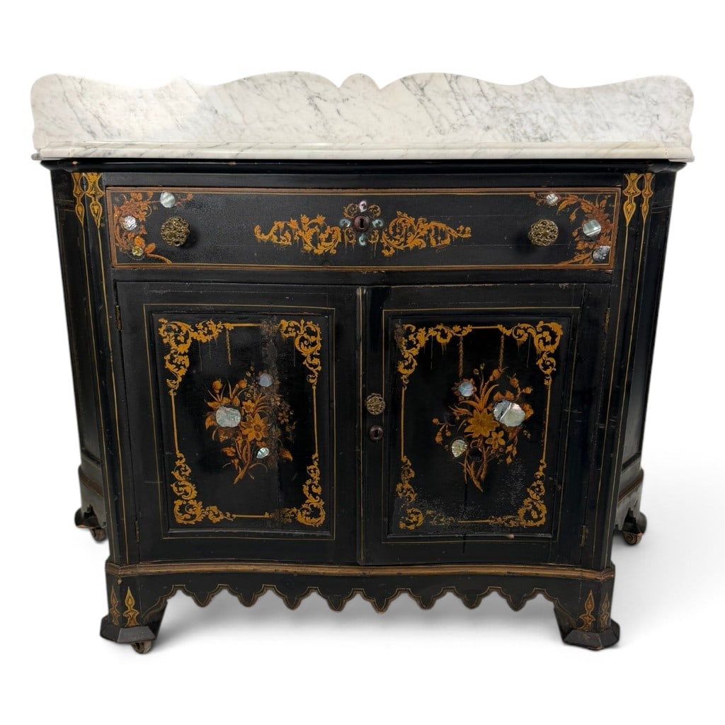 Victorian Ebonized Shell Inlaid Washstand: Origin: American Date: Circa 1870-1880 Period/Style: Late Victorian, Rococo Revival with early Aesthetic Movement influence Materials: Ebonized hardwood, mother-of-pearl and possibly abalone shell inl