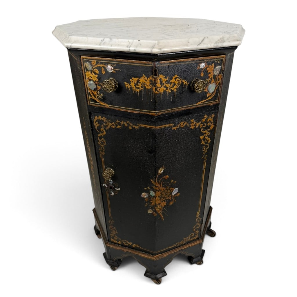 Victorian Ebonized Shell Inlaid Commode: Origin: American Date: Circa 1870-1880 Period/Style: Late Victorian, Rococo Revival with early Aesthetic Movement influence Materials: Ebonized hardwood, mother-of-pearl and possibly abalone shell inl