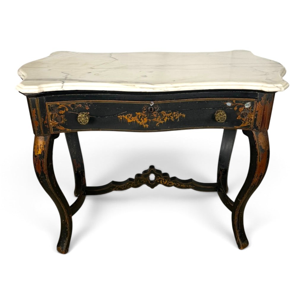 Victorian Ebonized Shell Inlaid Dressing Table: Origin: American Date: Circa 1870-1880 Period/Style: Late Victorian, Rococo Revival with early Aesthetic Movement influence Materials: Ebonized hardwood, mother-of-pearl and possibly abalone shell inl