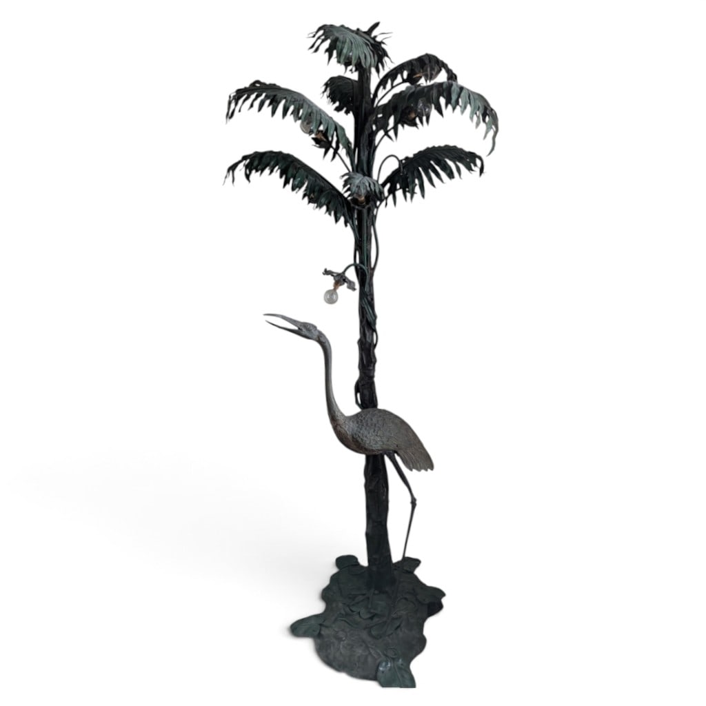 Bronze Crane and Palm Tree Floor Lamp: Origin: Probably Continental European, possibly French or Belgian Date: Circa 1900-1930 Period/Style: Art Nouveau, Japonisme Materials: Patinated bronze, copper, brass, mixed metals, and electrical co