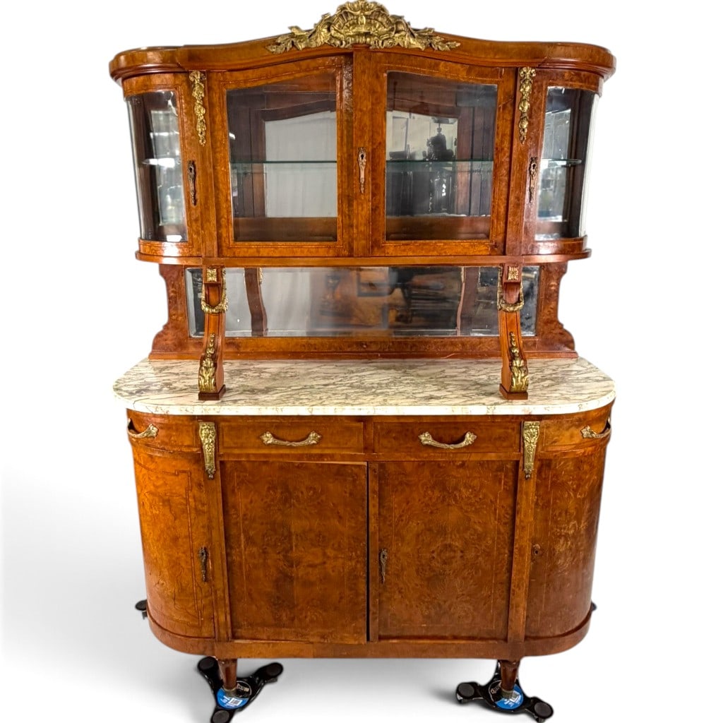 Probably French Belle Epoque Burl Walnut Marble Top Buffet Vitrine: Origin: Probably France Date: Circa 1890-1910 Period/Style: Belle Epoque, Louis XV and Louis XVI Revival Materials: Burl walnut veneer, walnut, oak and mixed secondary woods, marble, glass, mirror pla