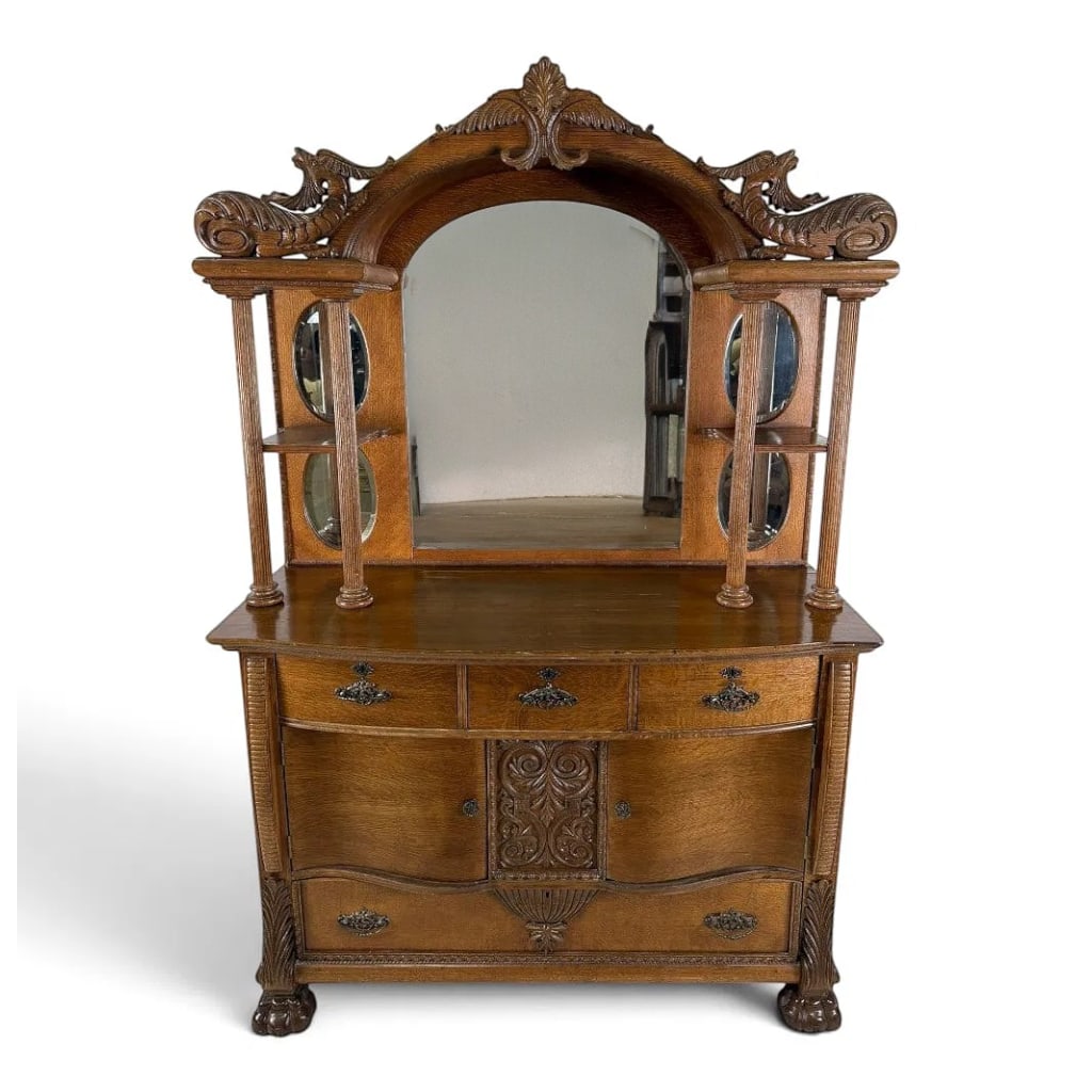 Carved Oak Dragon Mirrored Sideboard (1 of 6)