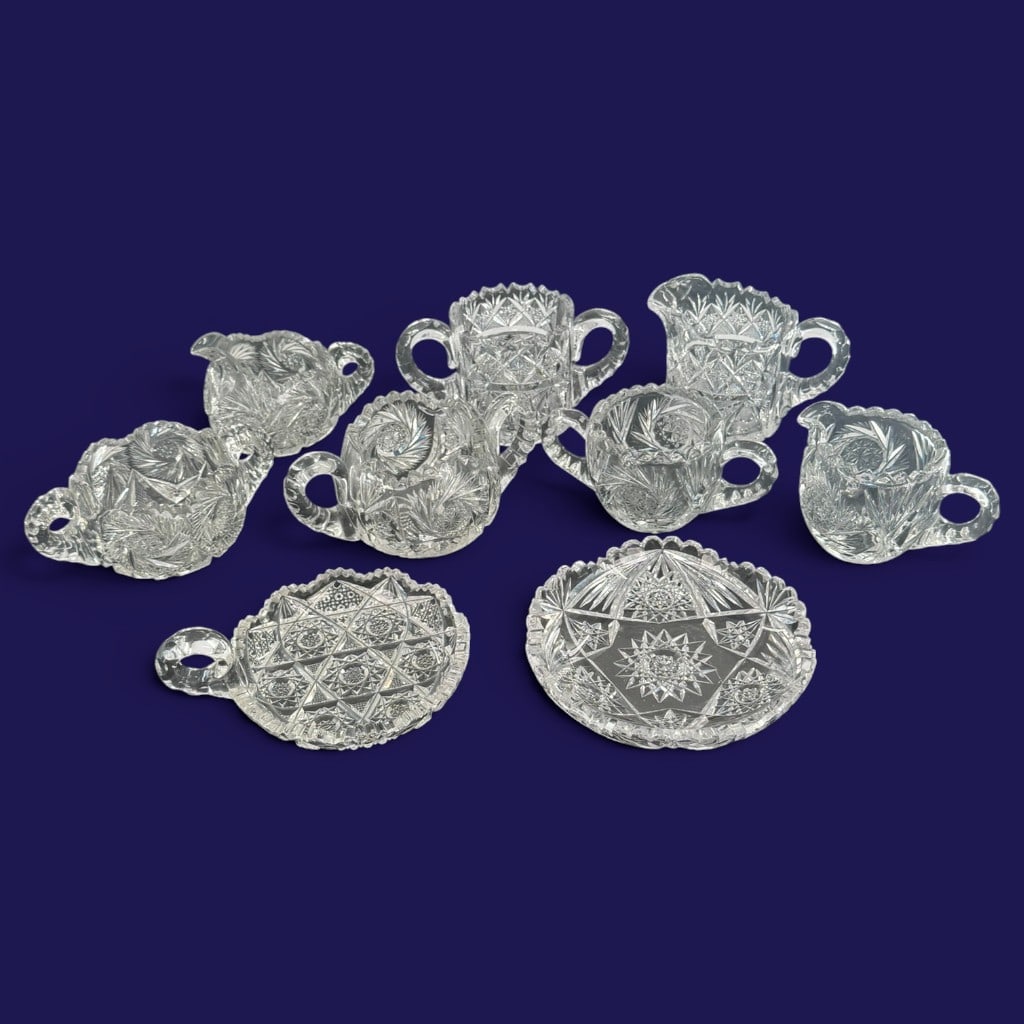 9-Pc American Brilliant Cut Glass Group: Origin: American Date: Circa 1890-1915 Period/Style: American Brilliant Period Materials: Colorless cut glass Description: Group of nine American Brilliant Period cut-glass table articles, circa 1890-