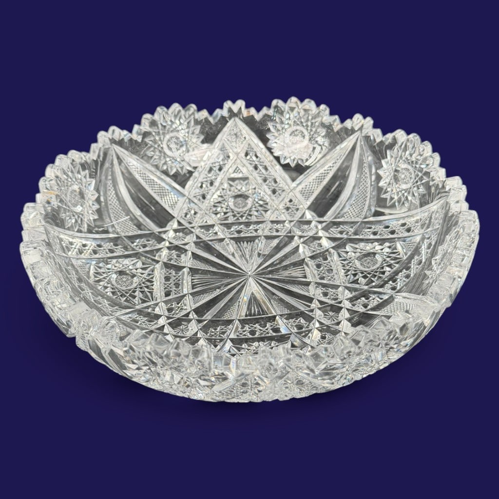 American Brilliant Period Cut Glass Bowl, 9 in.: Origin: American Date: Circa 1890-1915 Period/Style: American Brilliant Period Materials: Clear lead glass Form: Round bowl Description: A substantial American Brilliant Period clear lead-glass bowl