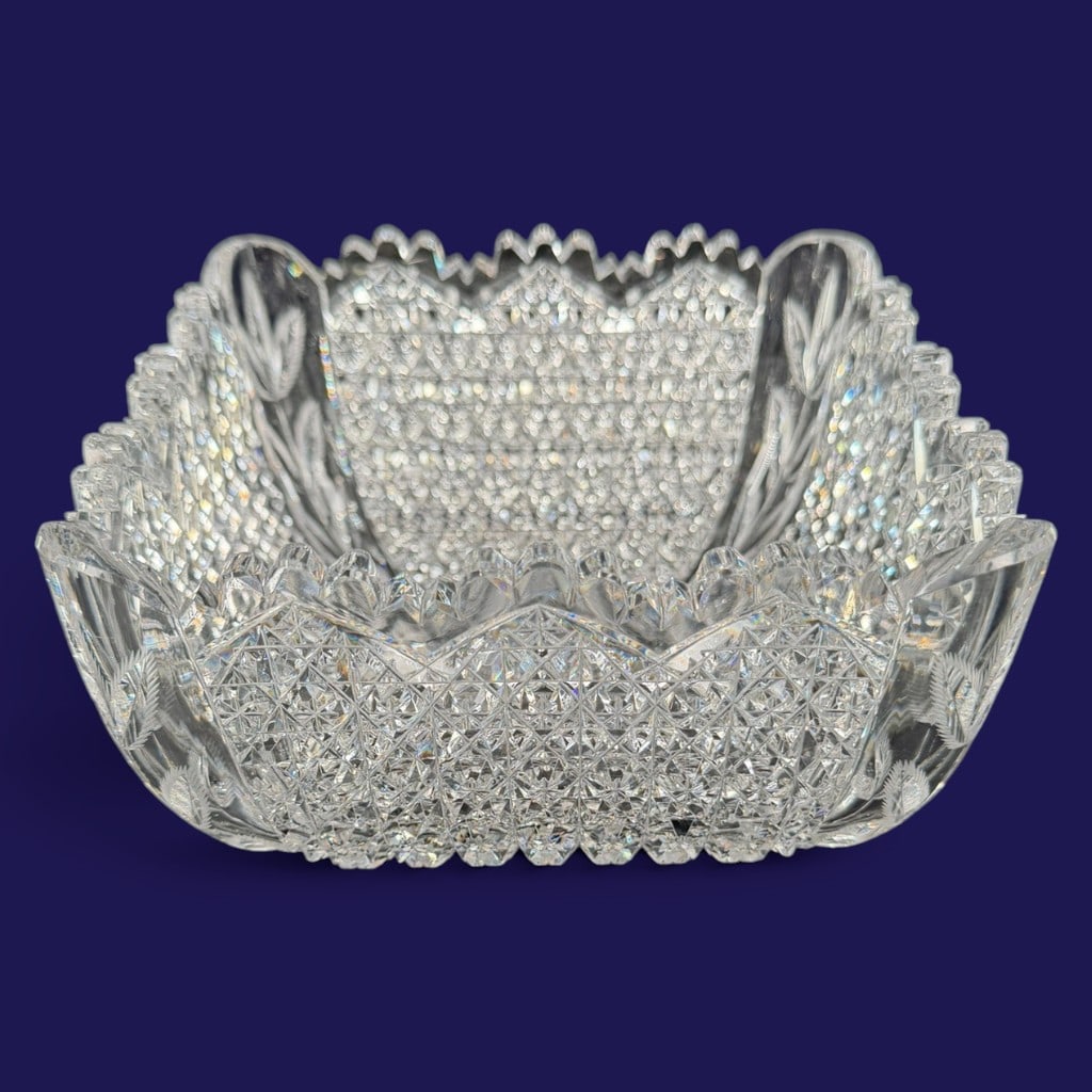 American Brilliant Cut Glass Square Bowl: Origin: American Date: Circa 1890-1915 Period/Style: American Brilliant Period Materials: Clear lead glass Form: Square bowl with blown-out corners Description: A heavy American Brilliant Period